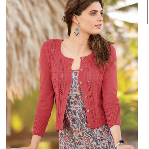 Peruvian Connection Sweaters - Peruvian Connection Bermuda Pima Cotton Cardigan Geranium Size XS Red Cable Knit